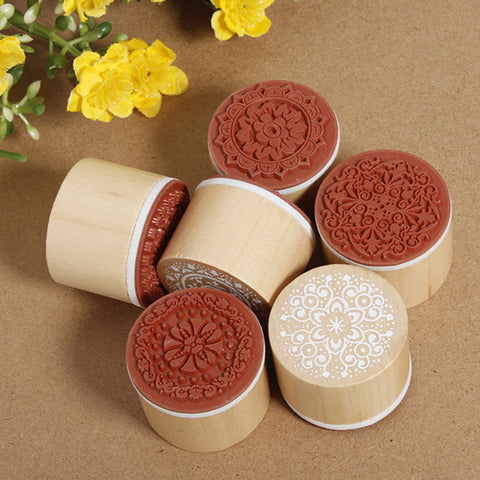 6 - Piece Set Assorted Retro Vintage Round Wood and Rubber Stamps