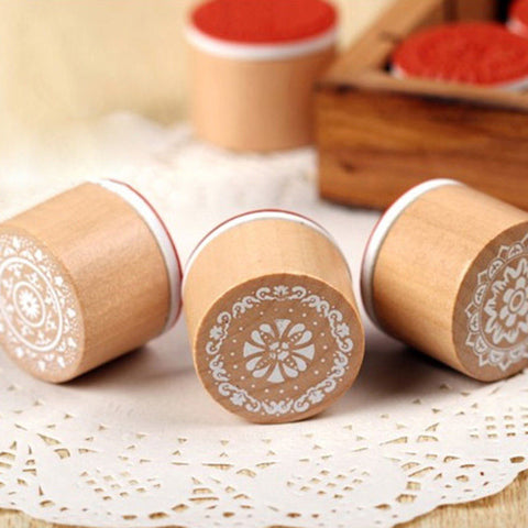 6 - Piece Set Assorted Retro Vintage Round Wood and Rubber Stamps